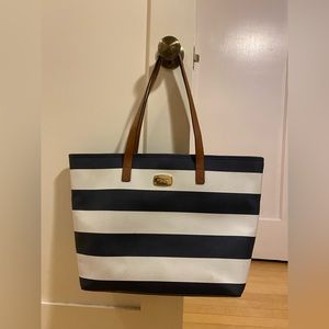 Michael Kors Large Oversized Navy/White Striped Tote, Brown Straps